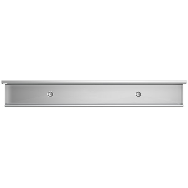 A silver stainless steel shelf with two holes.