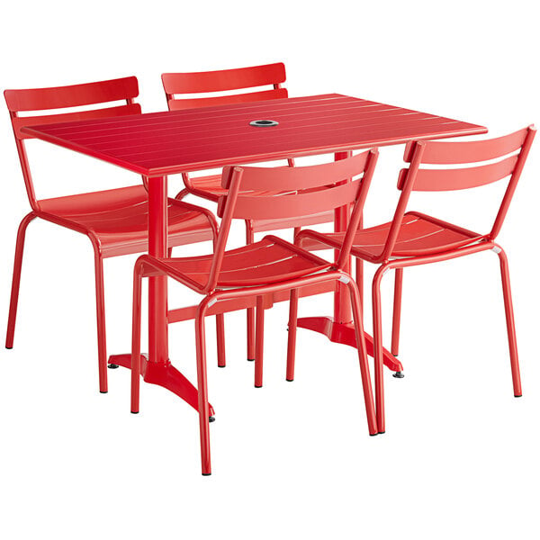 Lancaster Table Seating 32 X 48 Red Powder Coated Aluminum Dining Height Outdoor With Umbrella Hole And 4 Side Chairs - Plastic Patio Table And Chairs With Umbrella Hole