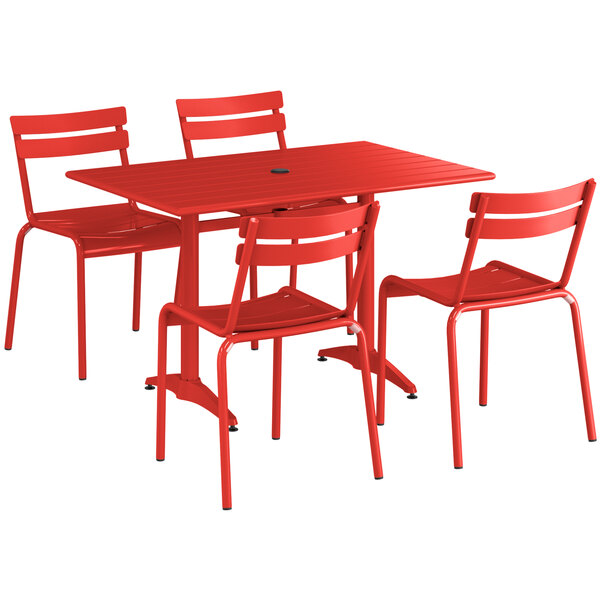 a red table and chairs