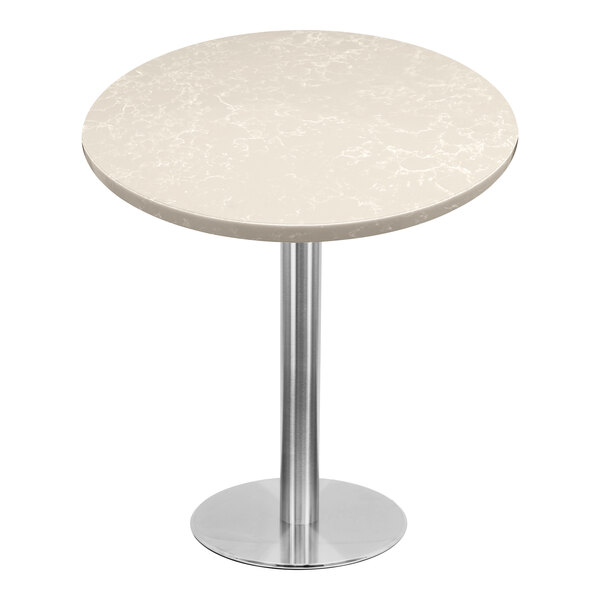 A round table with a nebula gray quartz surface.