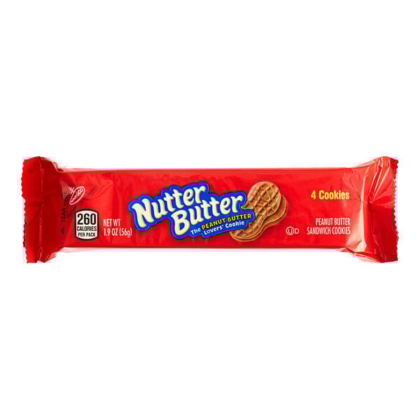 A red package of Nabisco Nutter Butter cookies with peanut butter cookies inside.