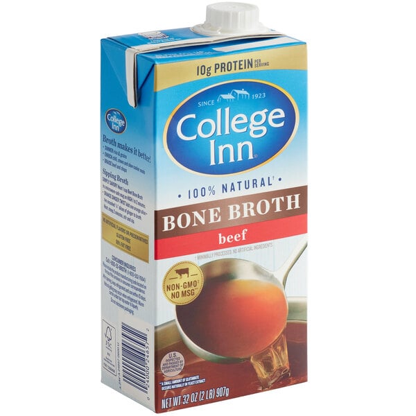 A carton of College Inn beef bone broth with a label.