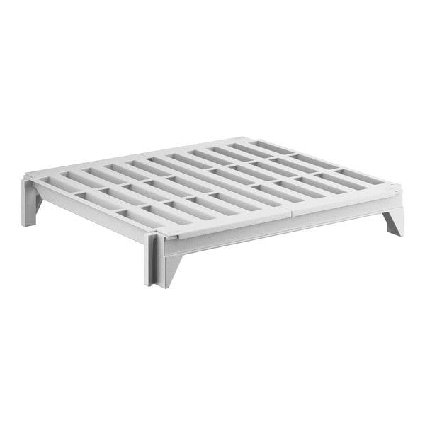 A white plastic shelf with vented holes on a metal frame.