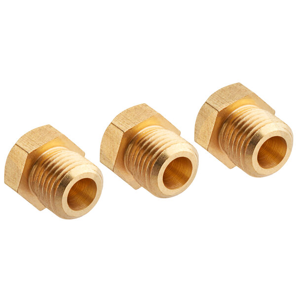 A group of gold brass threaded pipe fittings.