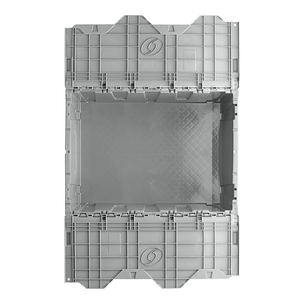 A Lavex gray plastic industrial storage box with a square top and attached lid.