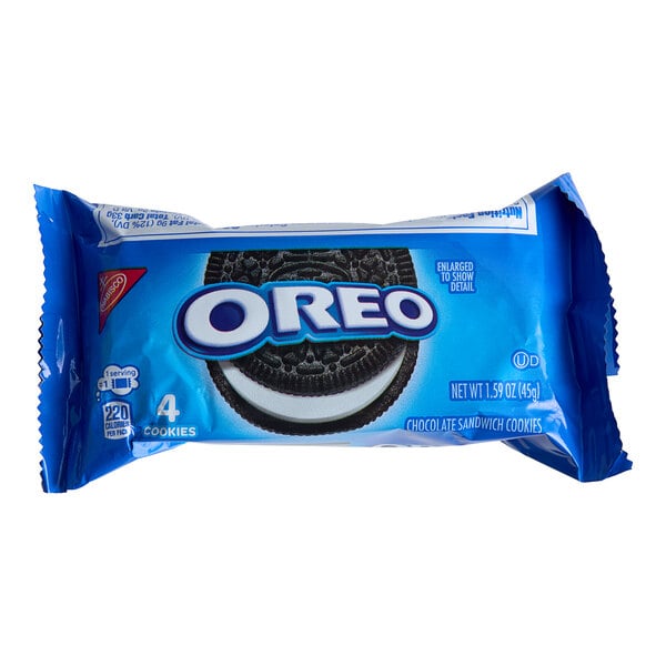 A blue package of Nabisco Oreo cookie snack packs.