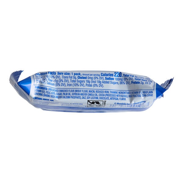 A close-up of a Nabisco Oreo 4-count snack pack with a white and blue wrapper.