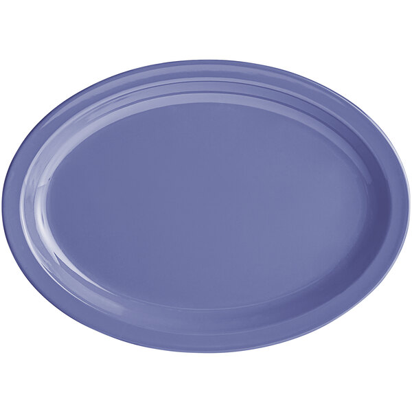 An oval purple melamine platter with a white rim.