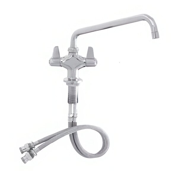 A chrome Equip by T&S deck-mount faucet with flexible inlets and a swing nozzle.