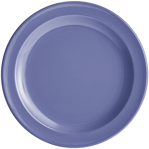 An Acopa Foundations purple melamine plate with a narrow rim.