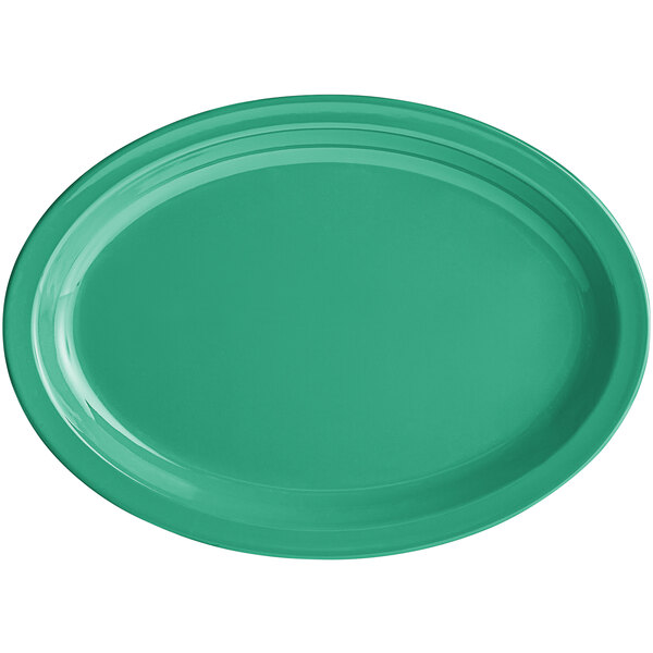 A green rectangular Acopa Foundations melamine platter.