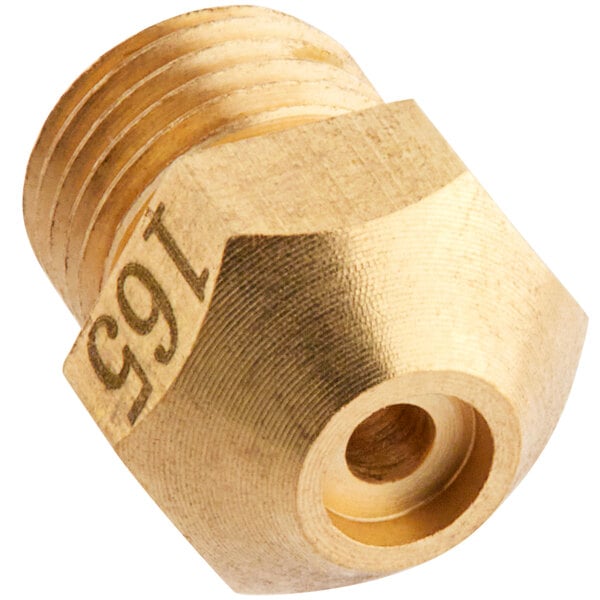 A gold brass Cooking Performance Group 1.65mm burner orifice with a threaded hole.