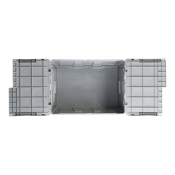 A close-up of a grey rectangular Lavex plastic box with open lid.