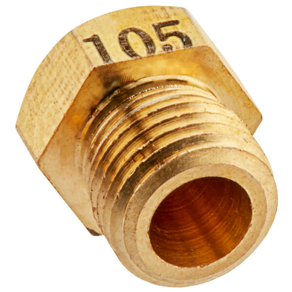 A brass threaded Cooking Performance Group #59 burner orifice with the number 105 on it.