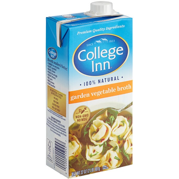 A carton of College Inn vegetable broth on a table.
