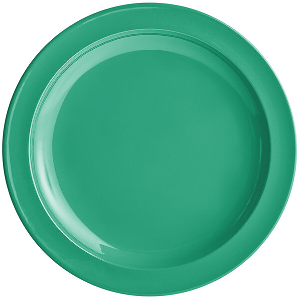 A green melamine plate with a narrow white rim.