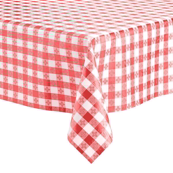 A red and white checkered Choice vinyl table cover on a table.