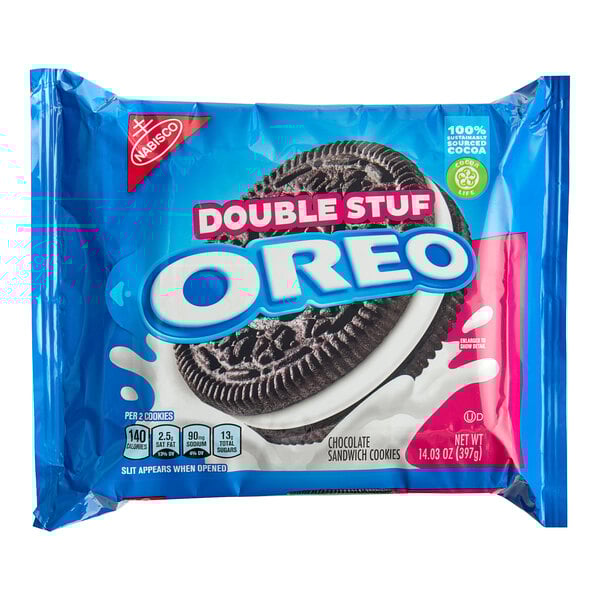 A blue Nabisco package of Double Stuf Oreo cookies.