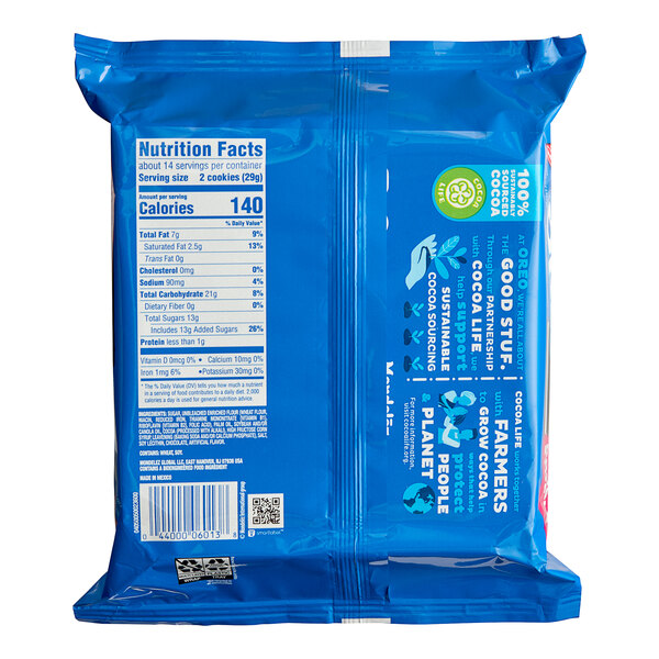 A close up of a blue Nabisco Oreo package.