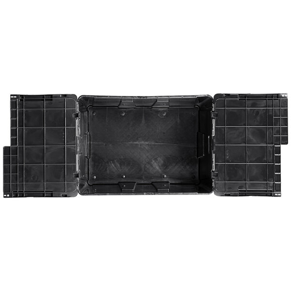 A black plastic Orbis tote box with a hinged lid.