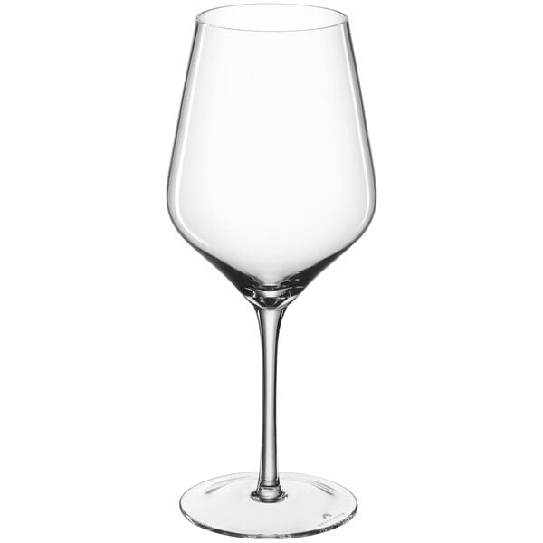 A close-up of a clear Della Luce wine glass with a stem.
