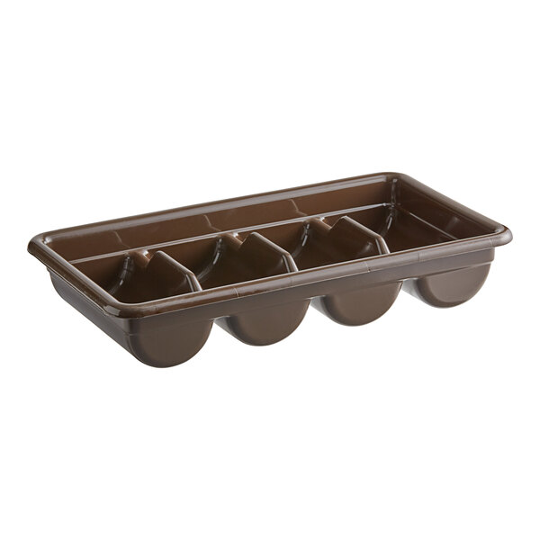A brown plastic cutlery box with four compartments.