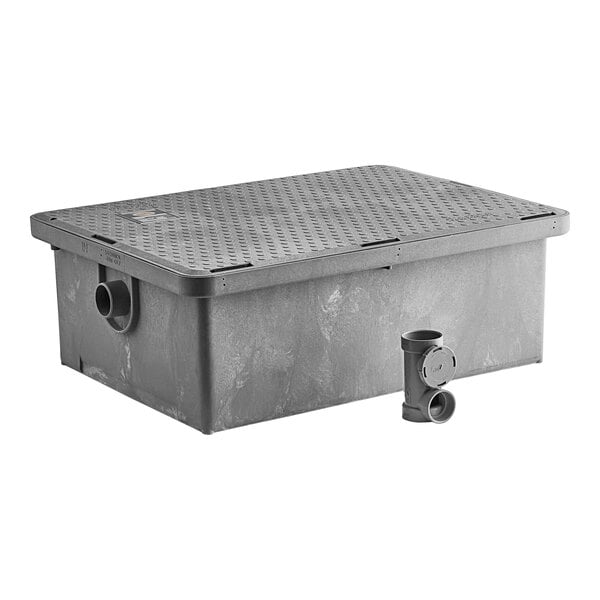 A grey rectangular Endura Lo-Pro grease trap with a pipe.