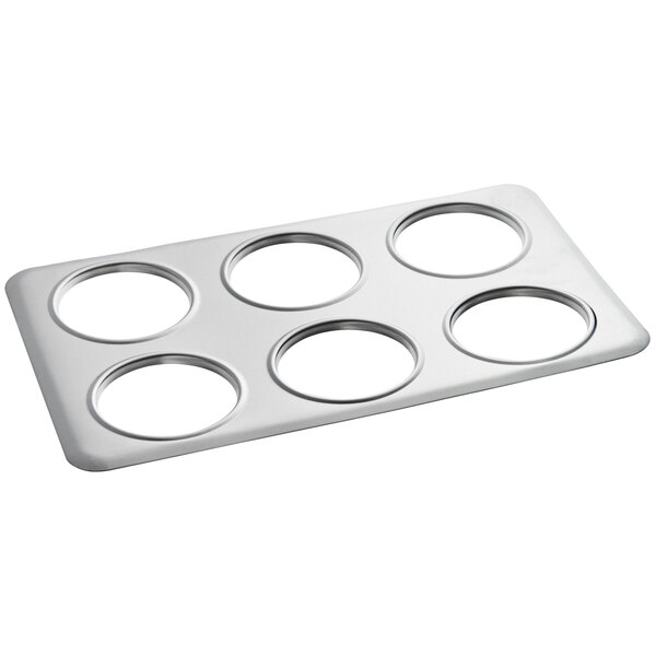 A silver Avantco steam table adapter plate with six holes.
