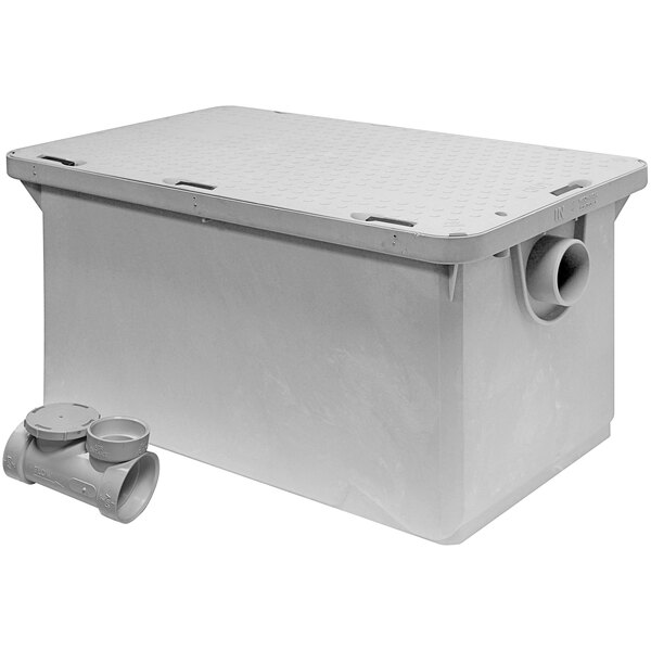 A white plastic Endura grease trap with a lid and two threaded connections.