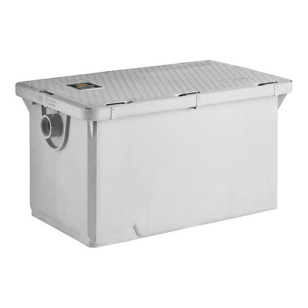 A rectangular Endura 50 lb. 25 GPM grease trap with a textured lid and 2-inch threaded connections.