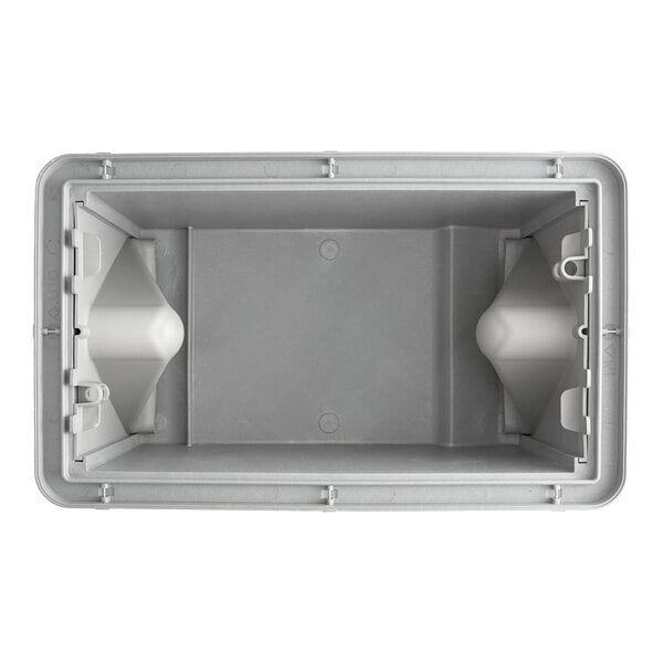 A rectangular gray grease trap with a 25-gallon per minute capacity and 2-inch threaded connections.