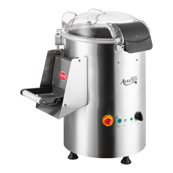 A stainless steel countertop potato peeler with a clear lid and control buttons on the front.