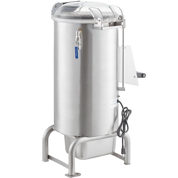 An Avantco stainless steel floor potato peeler with a clear lid.