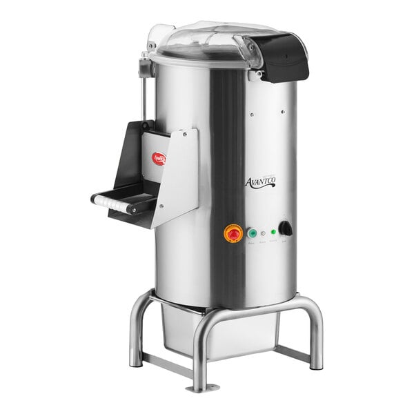 A stainless steel floor-standing machine with a cylindrical body, clear lid, side chute, and control buttons on the front.