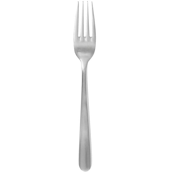 A close up of a Walco stainless steel table fork with a silver handle.