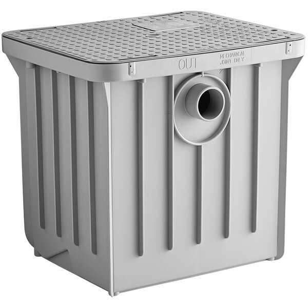 A gray plastic Endura grease trap with a hole in the bottom.