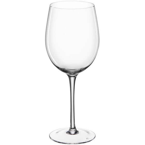 A close-up of a clear Della Luce Maia all-purpose wine glass with a stem.