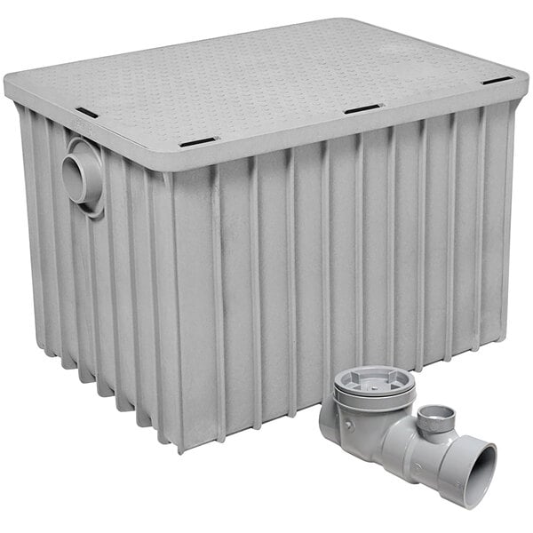 a grey rectangular container with a drain