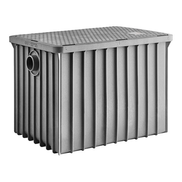 A grey rectangular plastic Endura grease trap with a 3" hub.