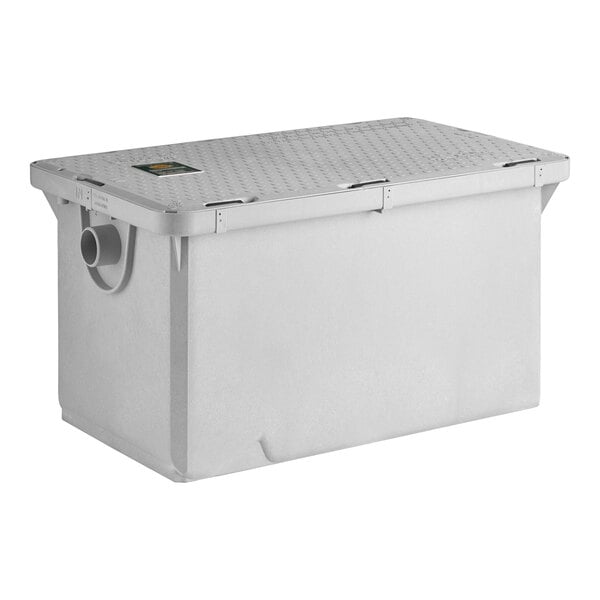 A rectangular white grease trap with a textured lid and a 2-inch hub on the side.