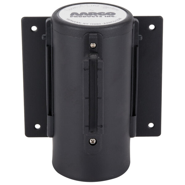 A black wall-mounted Aarco stanchion with a black retractable belt.