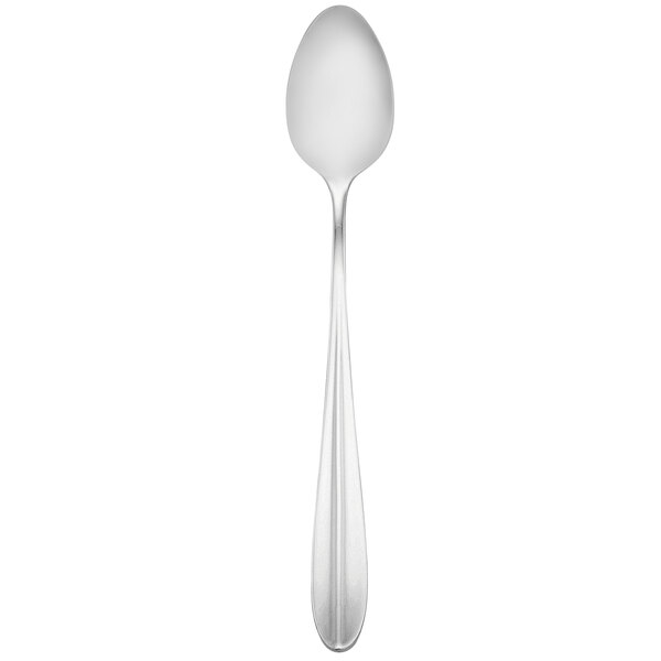 A silver spoon with a long handle.