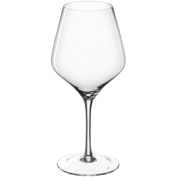 A close-up of a clear Della Luce red wine glass with a stem.