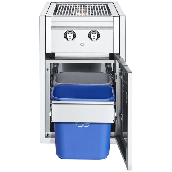 A stainless steel Crown Verity built-in barbecue with dual side burners and a blue trash holder.