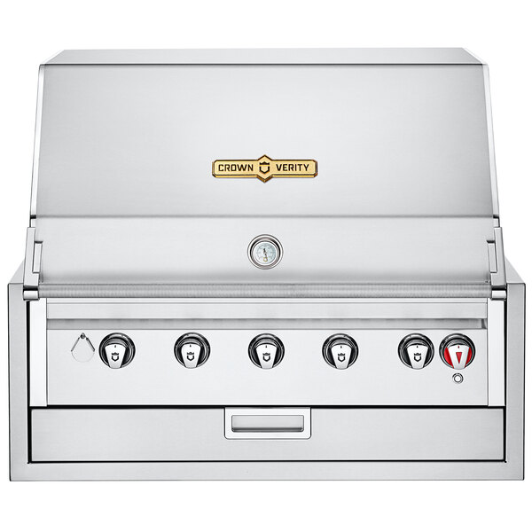 A stainless steel Crown Verity built-in grill with four knobs.