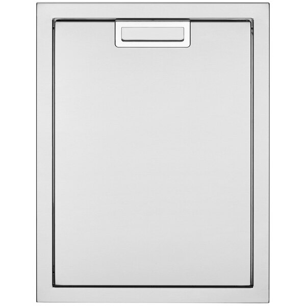 A white rectangular stainless steel cabinet with a handle and a square object in the middle.