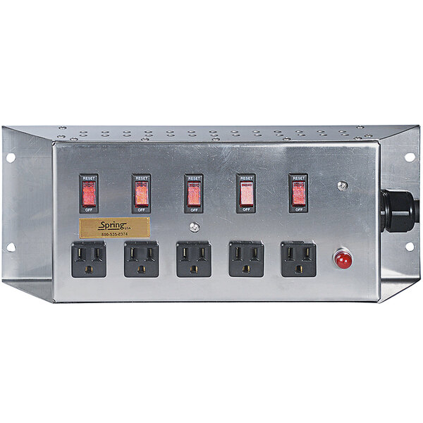 A silver rectangular Spring USA power management system with switches and outlets.