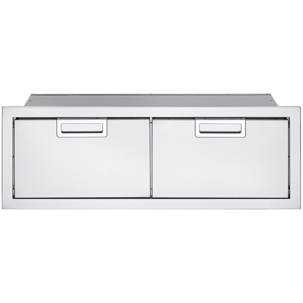 A stainless steel Crown Verity built-in storage compartment with two drawers.