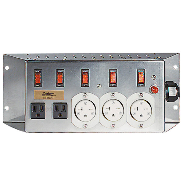 A silver rectangular Spring USA power management panel with three 220V outlets and two 110V outlets and switches.