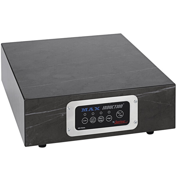 A black Spring USA JEWEL BOX Induction Warmer with buttons and a silver button.